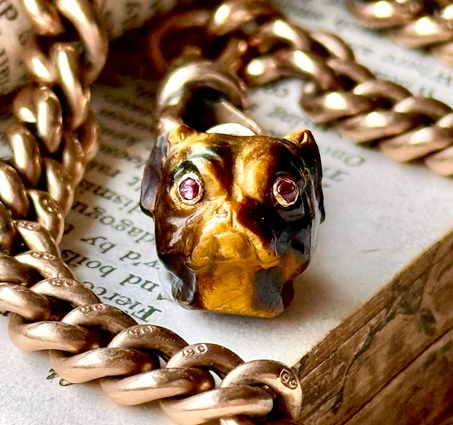 Antique Carved Tiger's Eye Pug Pendant With Ruby Eye's