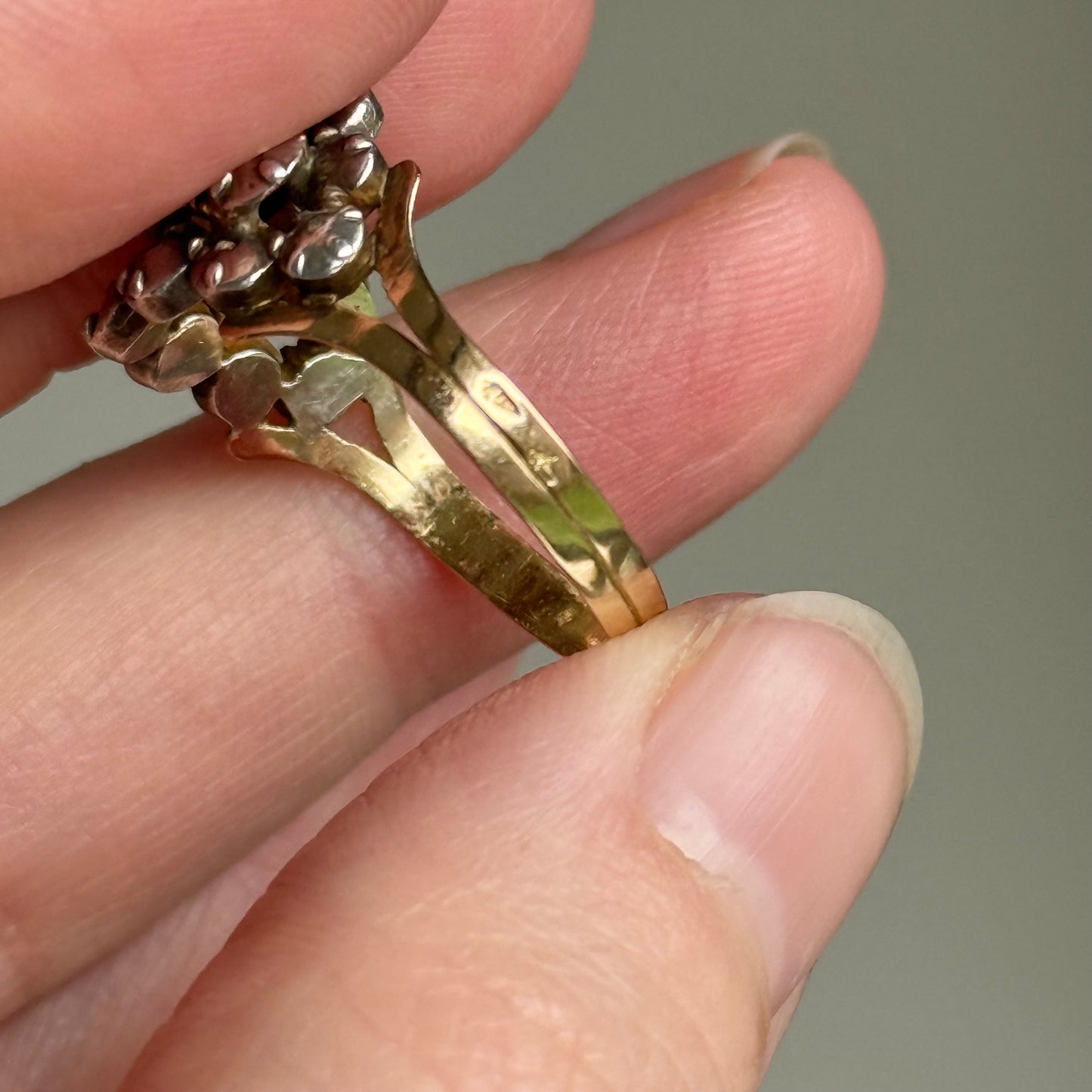 Antique Georgian Rose Cut Diamond Ring Gold and Silver; Circa 1820