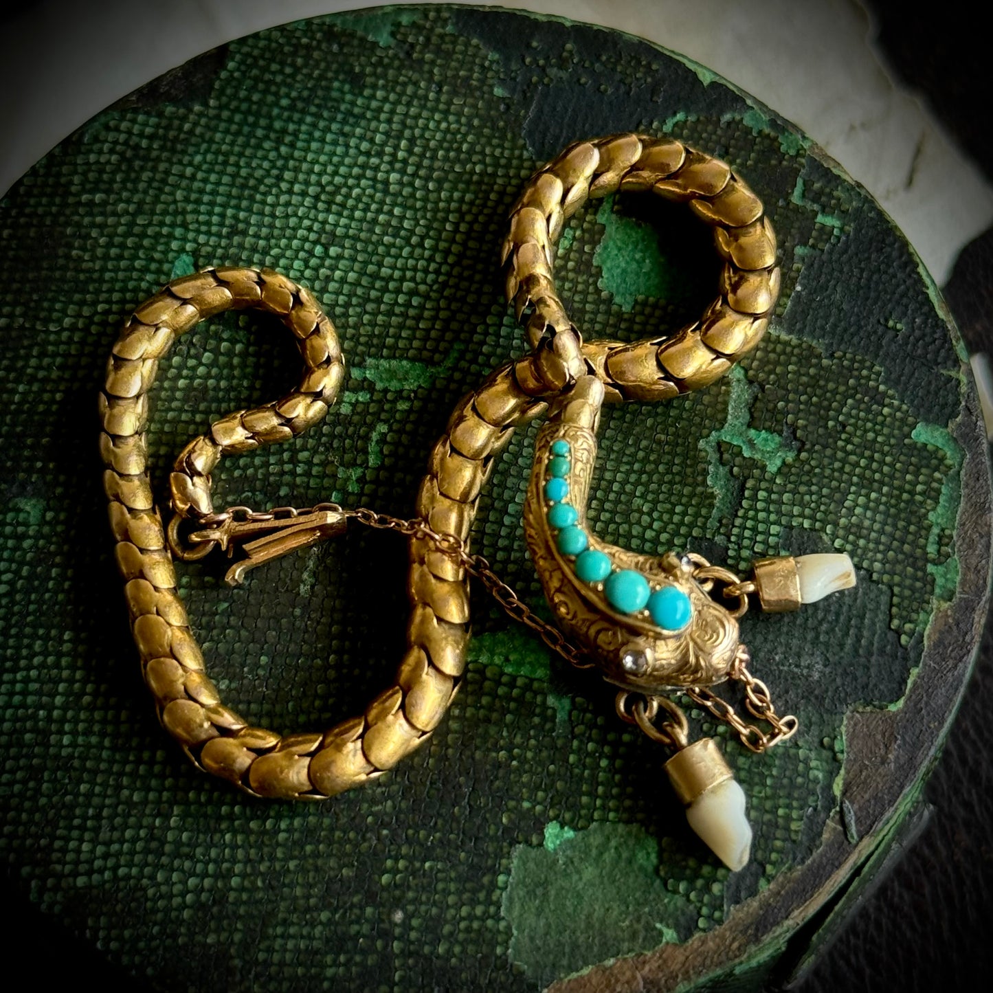 Victorian Diamond & Milk Tooth Snake Bracelet in 15 Carat Gold; Circa 1880