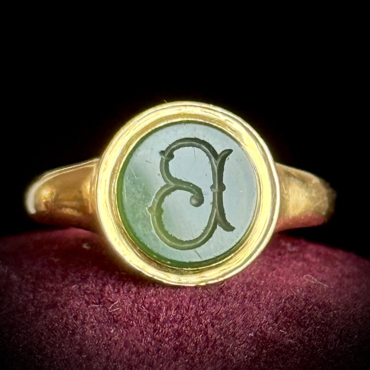 Antique Chalcedony 'B' Intaglio Ring in 18 Carat Gold; Circa 1880