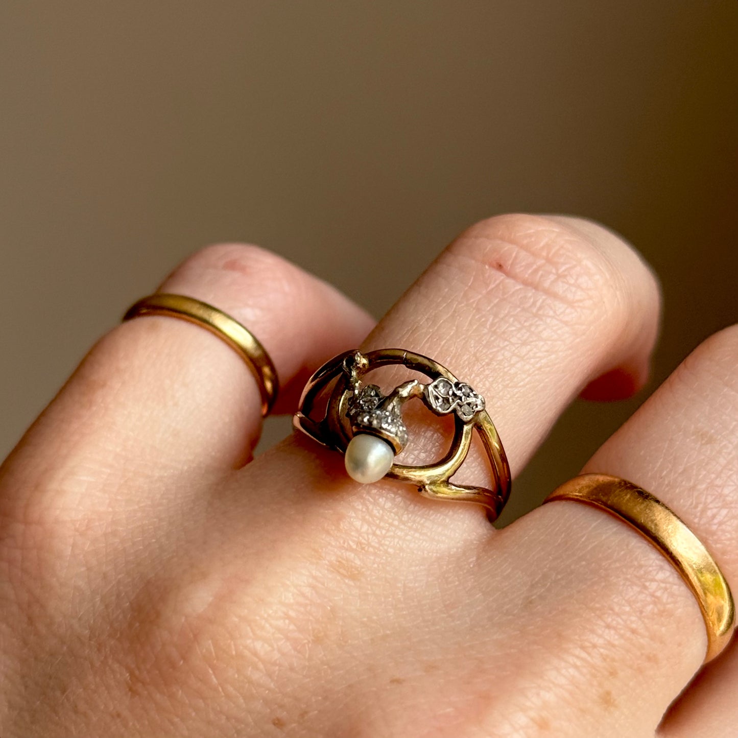 Antique Diamond & Pearl Acorn Ring in 9 Carat Gold