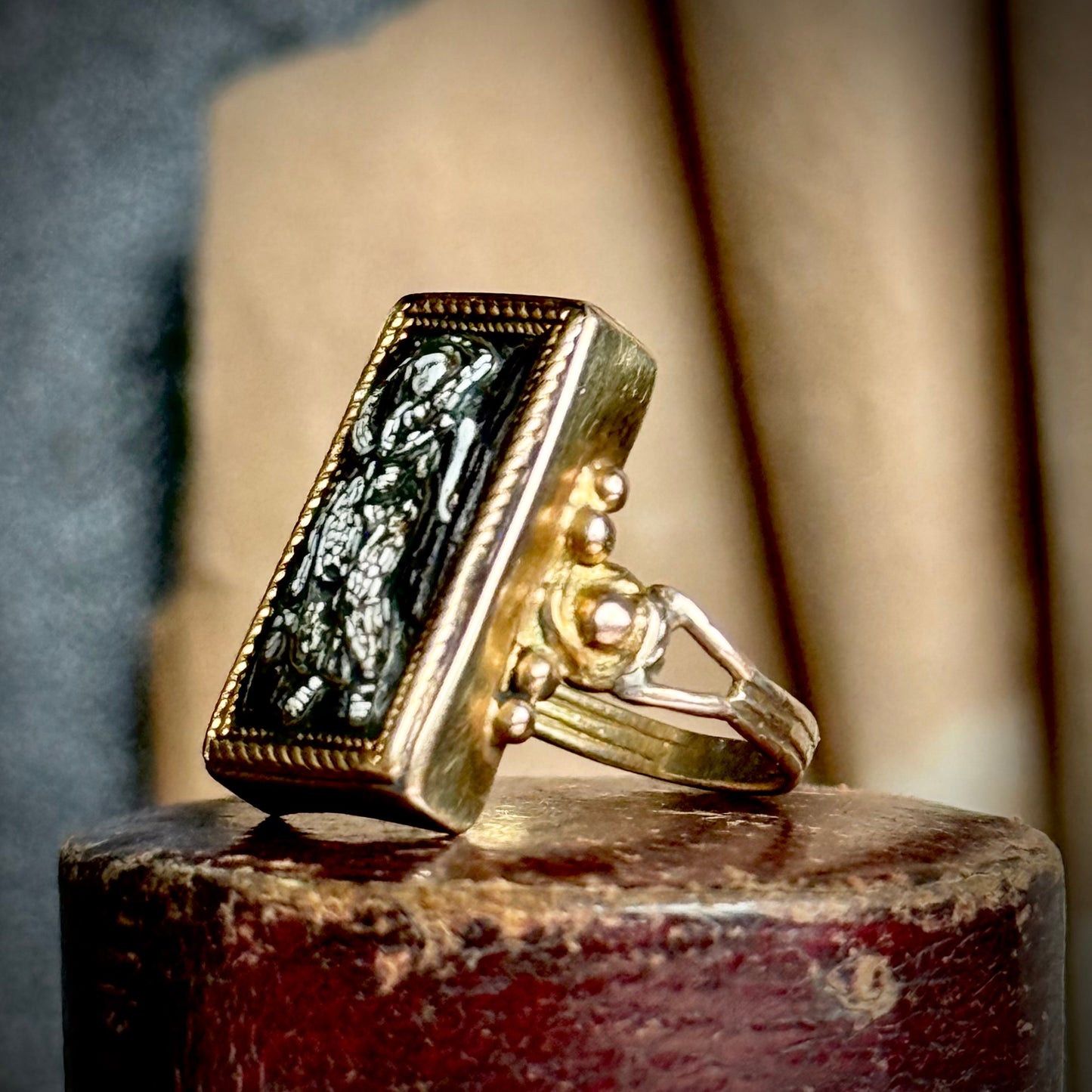 Victorian Micro Mosaic Panel Ring in 9 Carat Gold; 1850