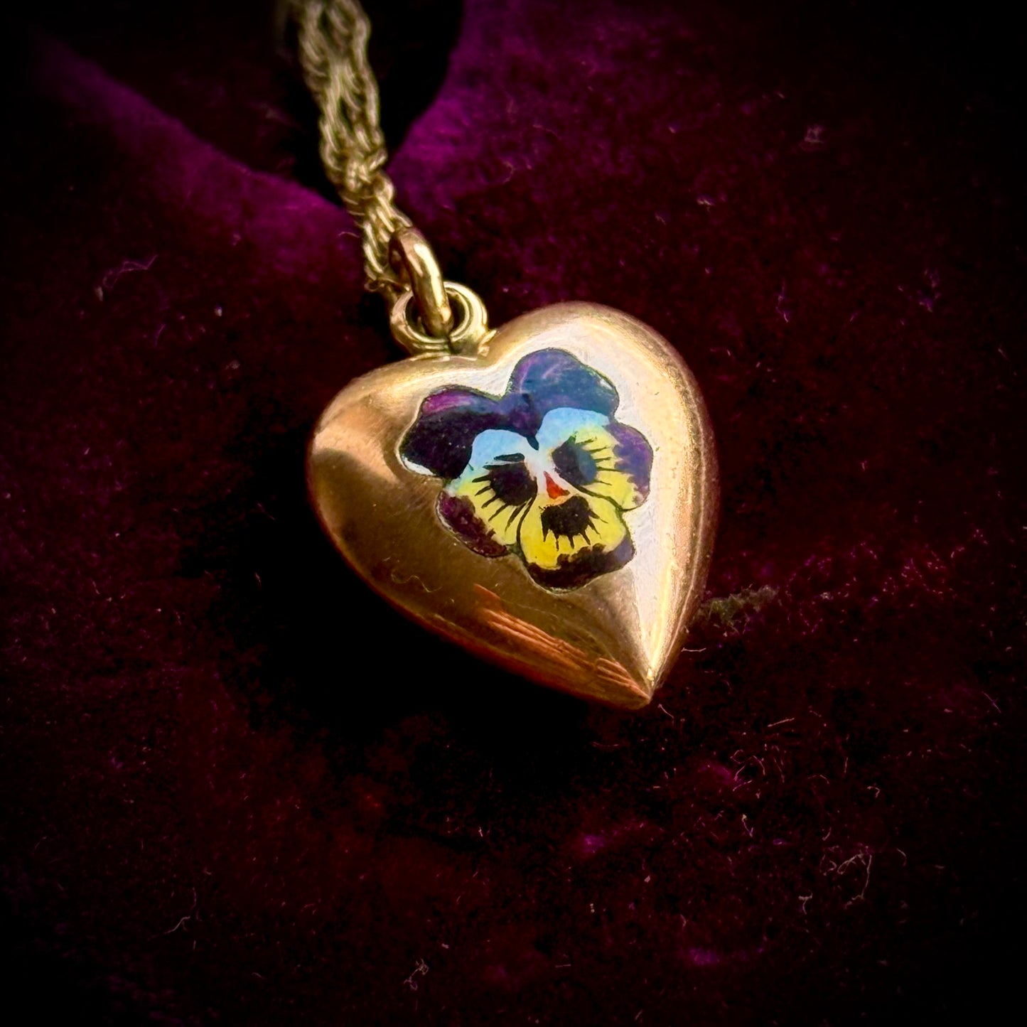 Exquisite Enamel Pansy Heart Pendant in 9 Carat Gold; Circa 1880