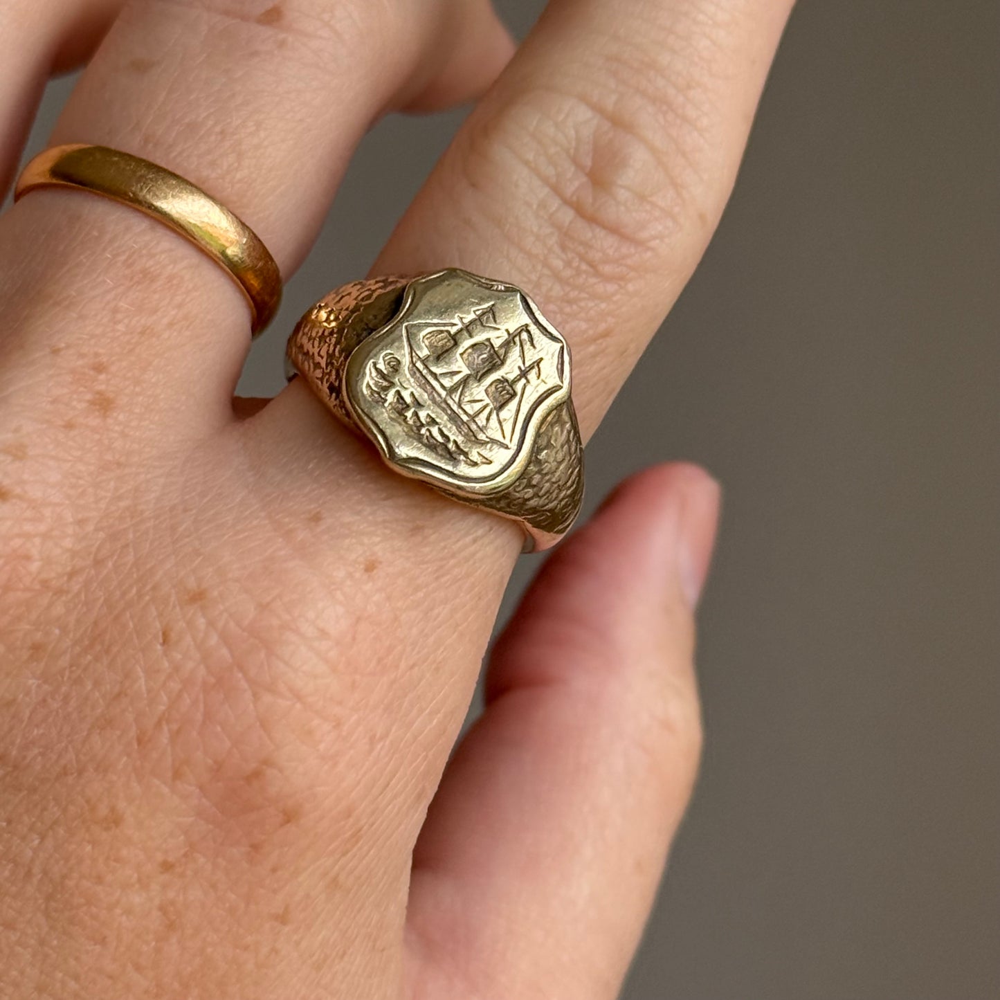 Victorian Heavy Nautical Ship Intaglio Signet ring; Circa 1880