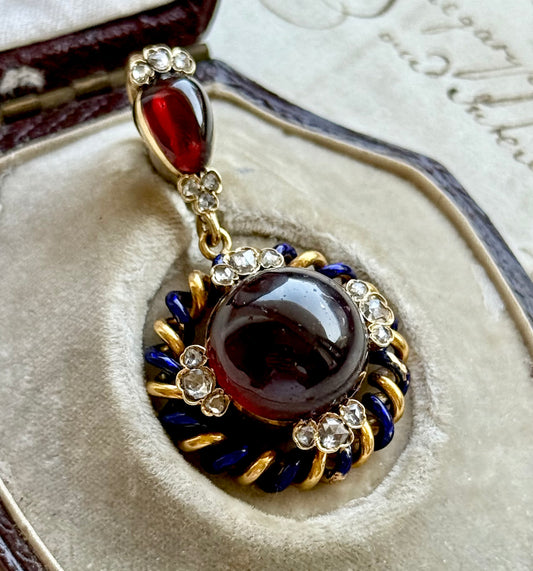 Early Victorian Garnet & Diamond Hair Locket Pendant; Circa 1840