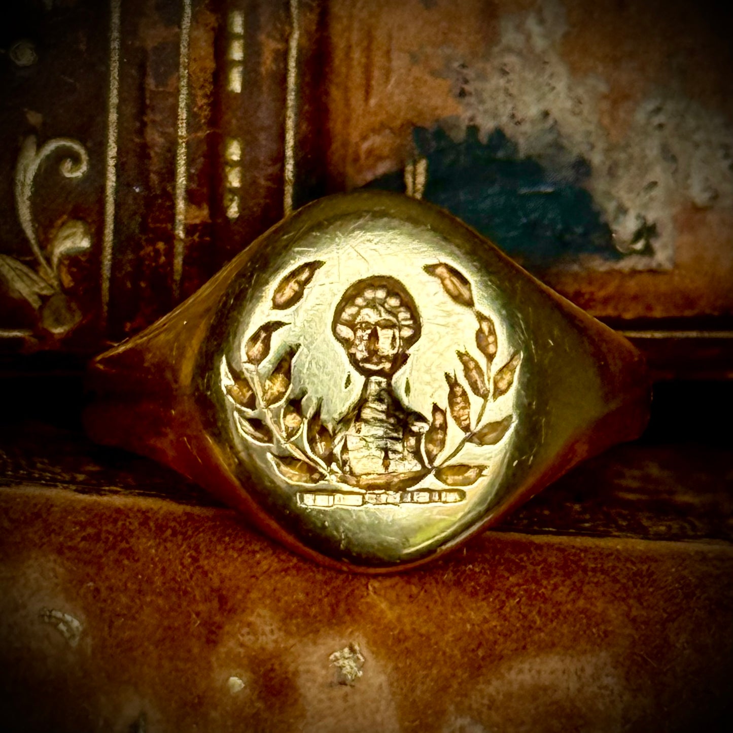 Antique Victorian Intaglio Heraldic Signet Ring in 18 Carat Gold; Circa 1890