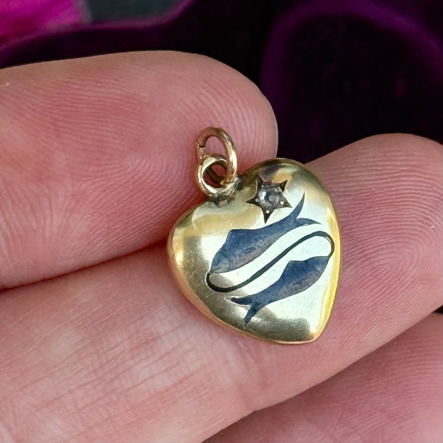 Vintage Pisces Enamel & Diamond Puffy Heart Pendant