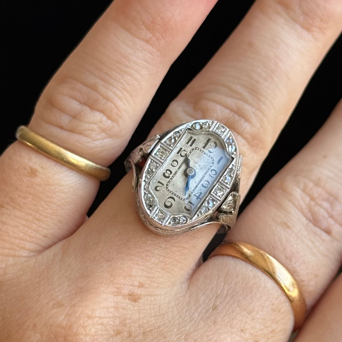 Antique Swiss Art Deco Diamond Watch Ring; Circa 1920