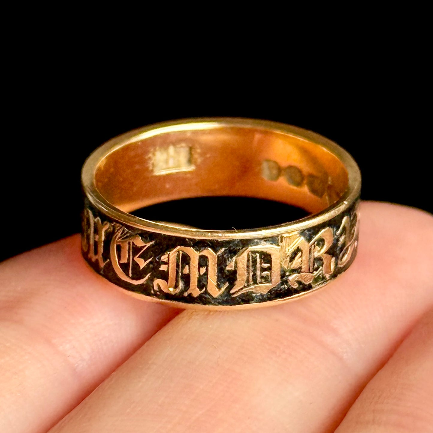 Antique Victorian Enamel Mourning Ring in 18 Carat Gold; Circa 1877