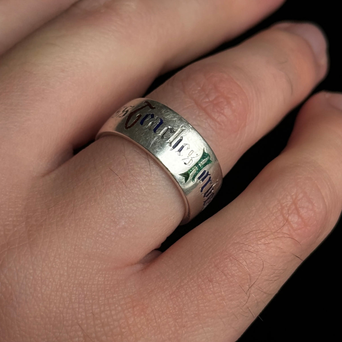 Victorian Enamel Quote Ring in Sterling Silver; Circa 1876