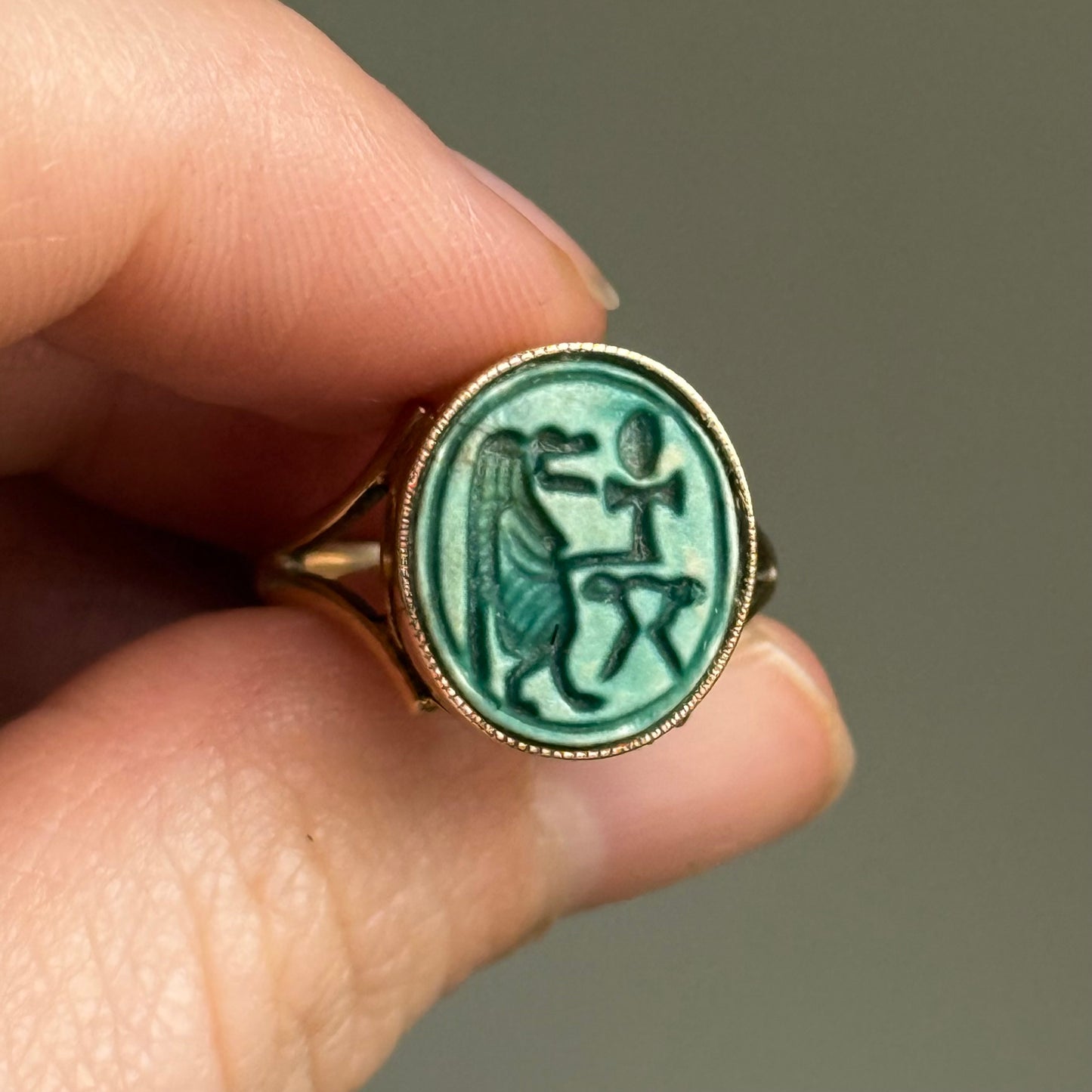 Antique Glazed Egyptian God Faience Ring in 9 Carat Gold