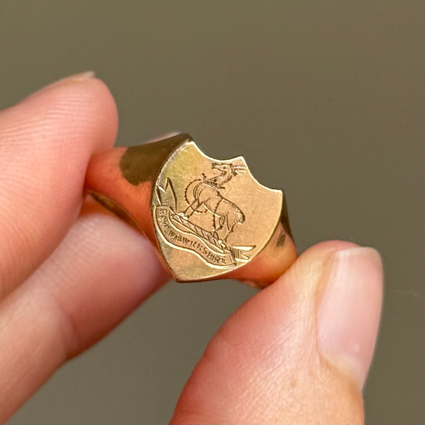Antique Royal Warwickshire Signet Ring in 9 Carat Rose Gold; Circa 1918
