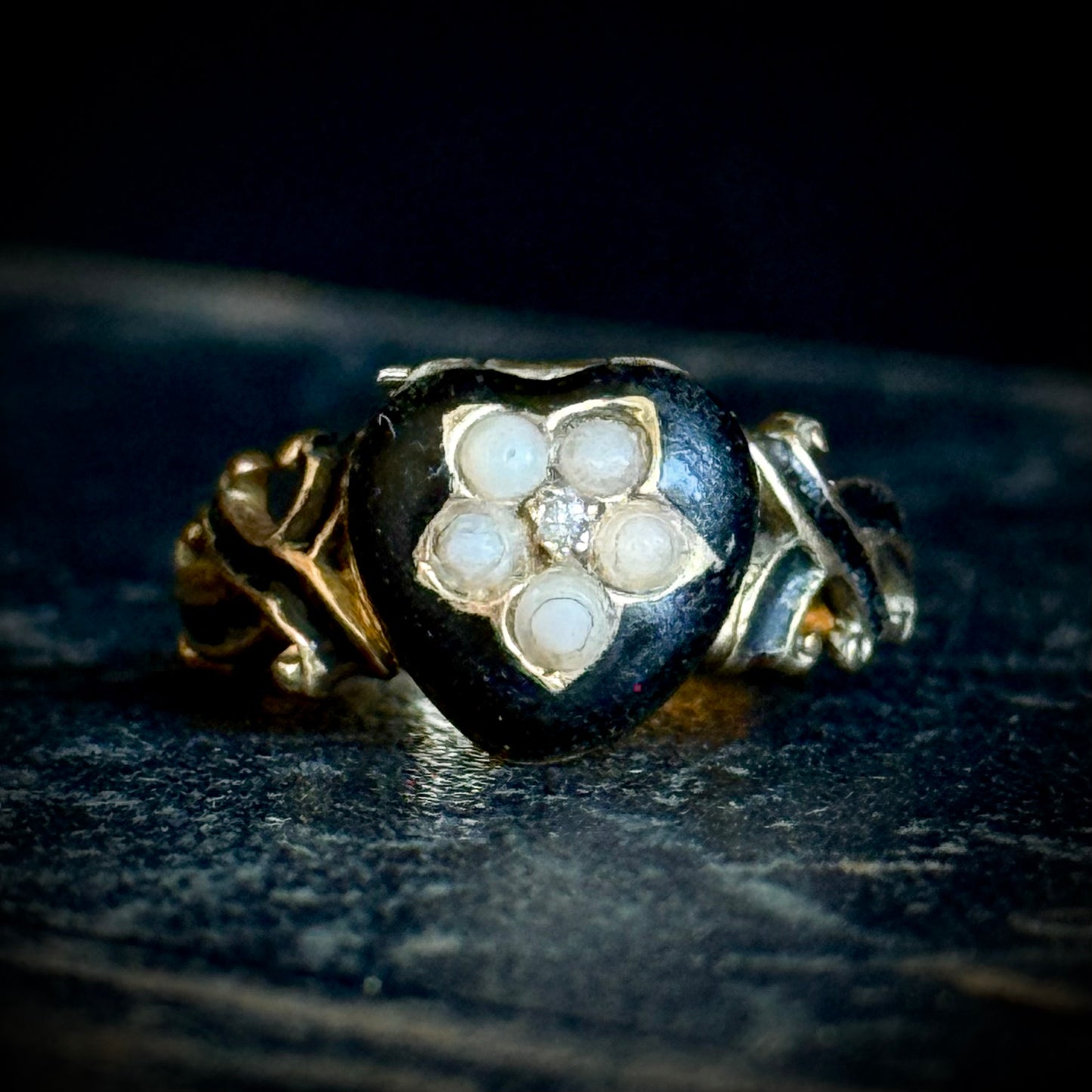 Antique Victorian Heart Locket Mourning Ring in 9 Carat Gold