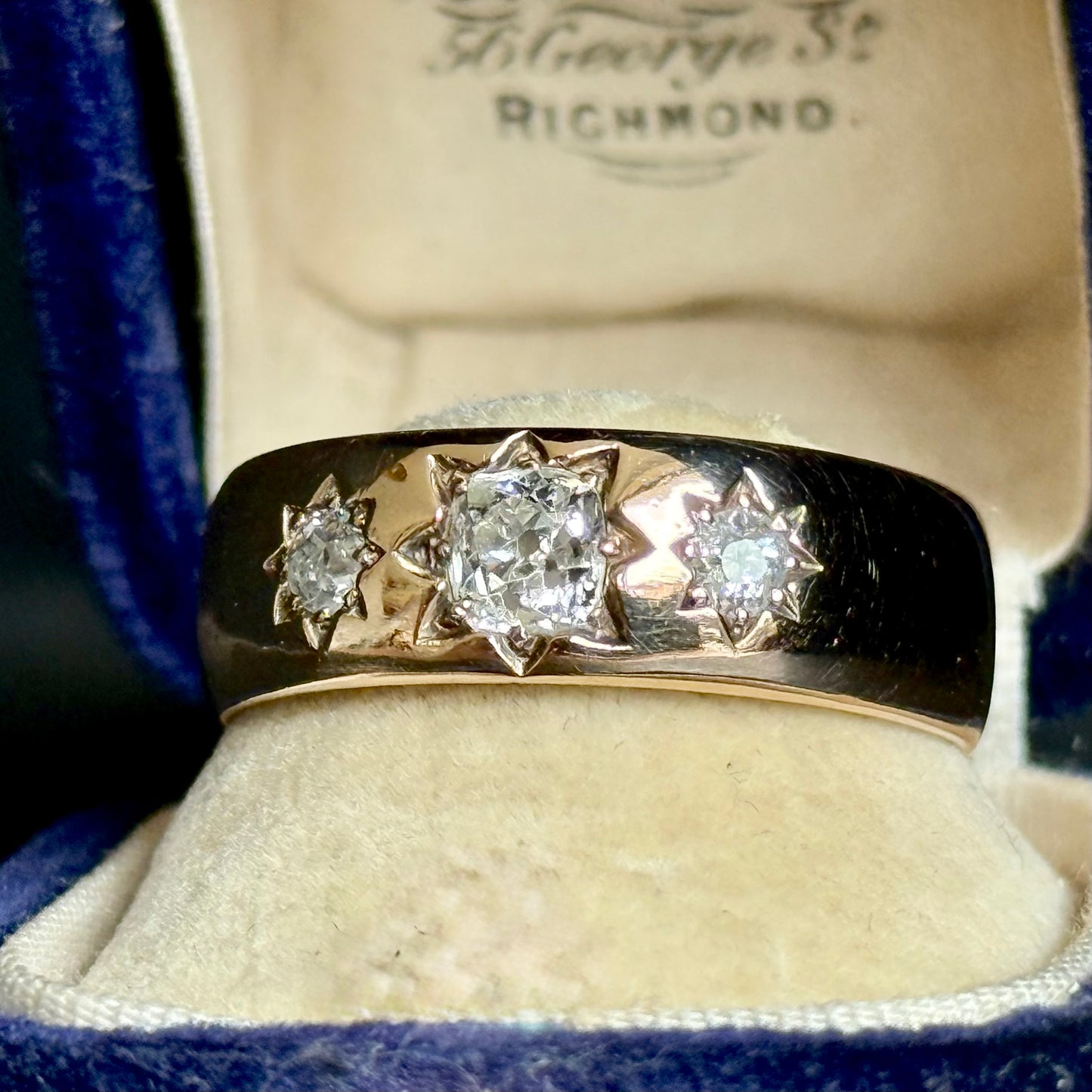 Antique Diamond Trilogy in 9 Carat Rose Gold Ring; Circa 1899
