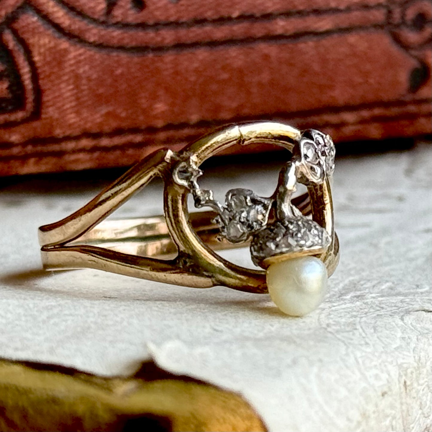 Antique Diamond & Pearl Acorn Ring in 9 Carat Gold