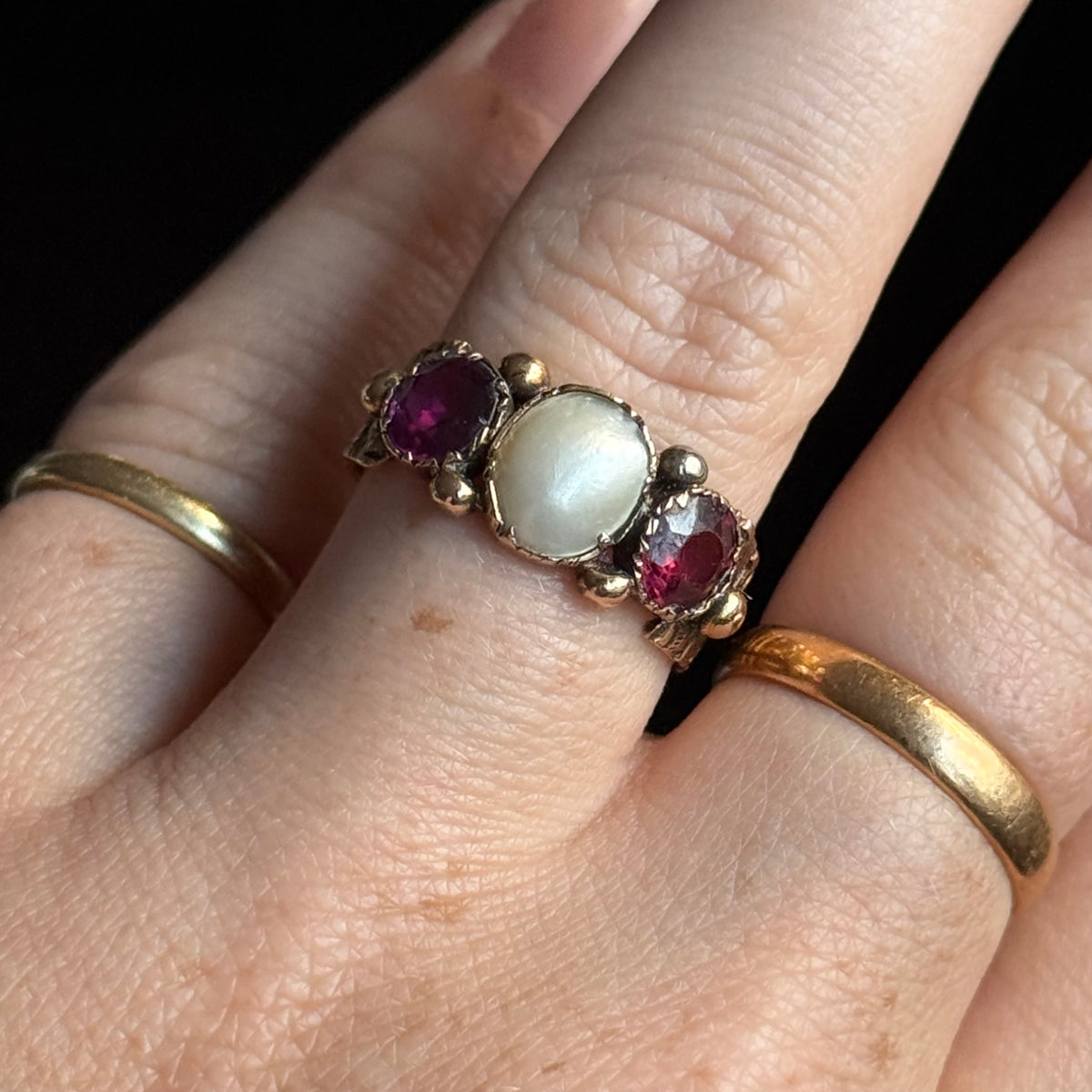 Antique Garnet & Blister Pearl Ring 18 Carat Gold; Circa 1875