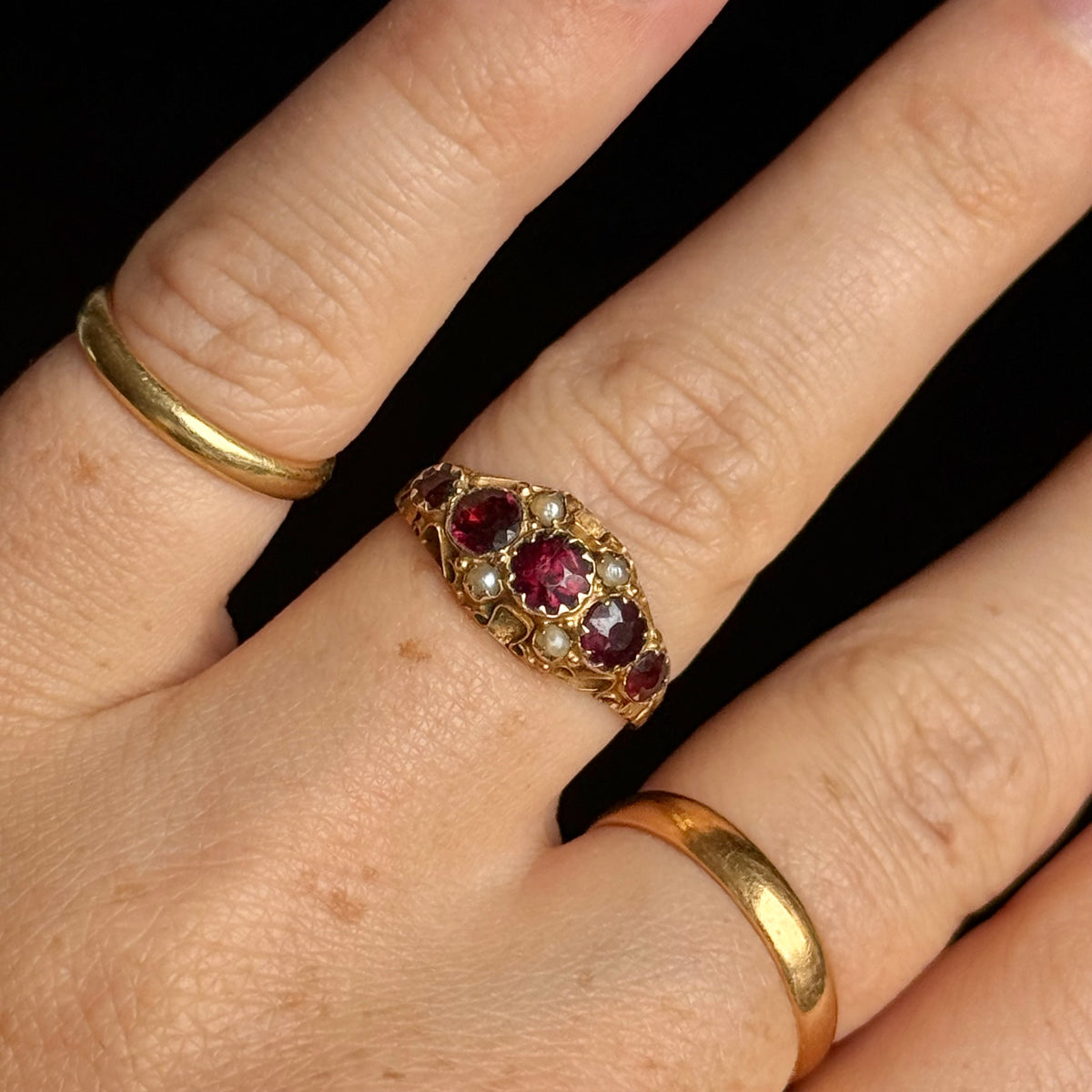 Antique Victorian Garnet & Pearl Ring in 9 Carat Gold; Circa 1870