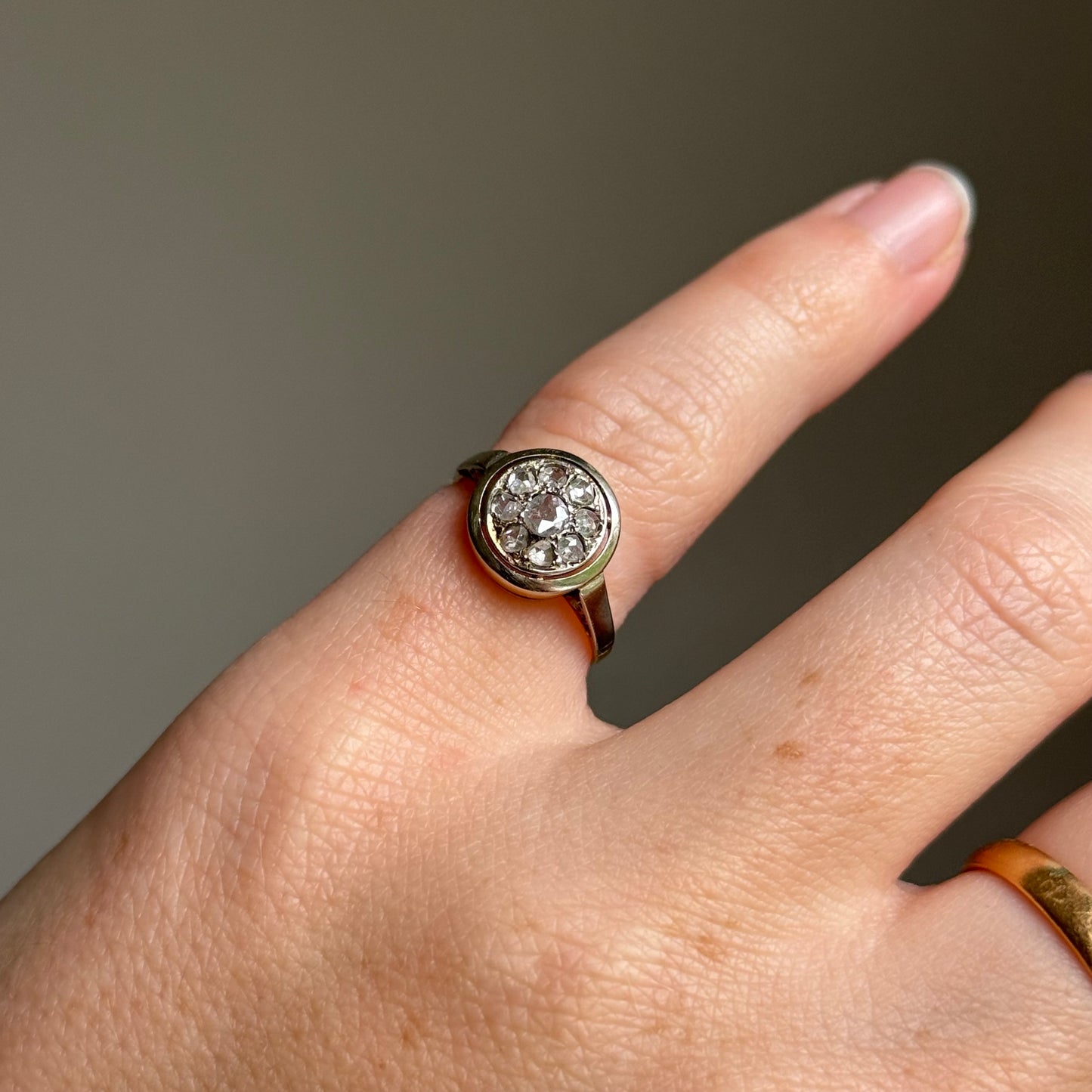 Antique Rose Cut Cluster Ring in 9 Carat Gold; Circa 1895