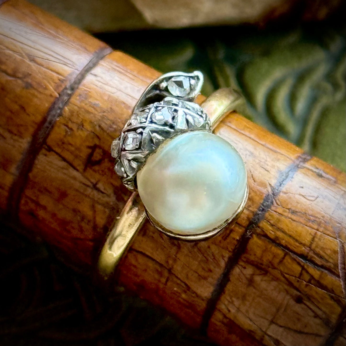 Antique Diamond & Pearl Acorn Ring in 18 Carat Gold