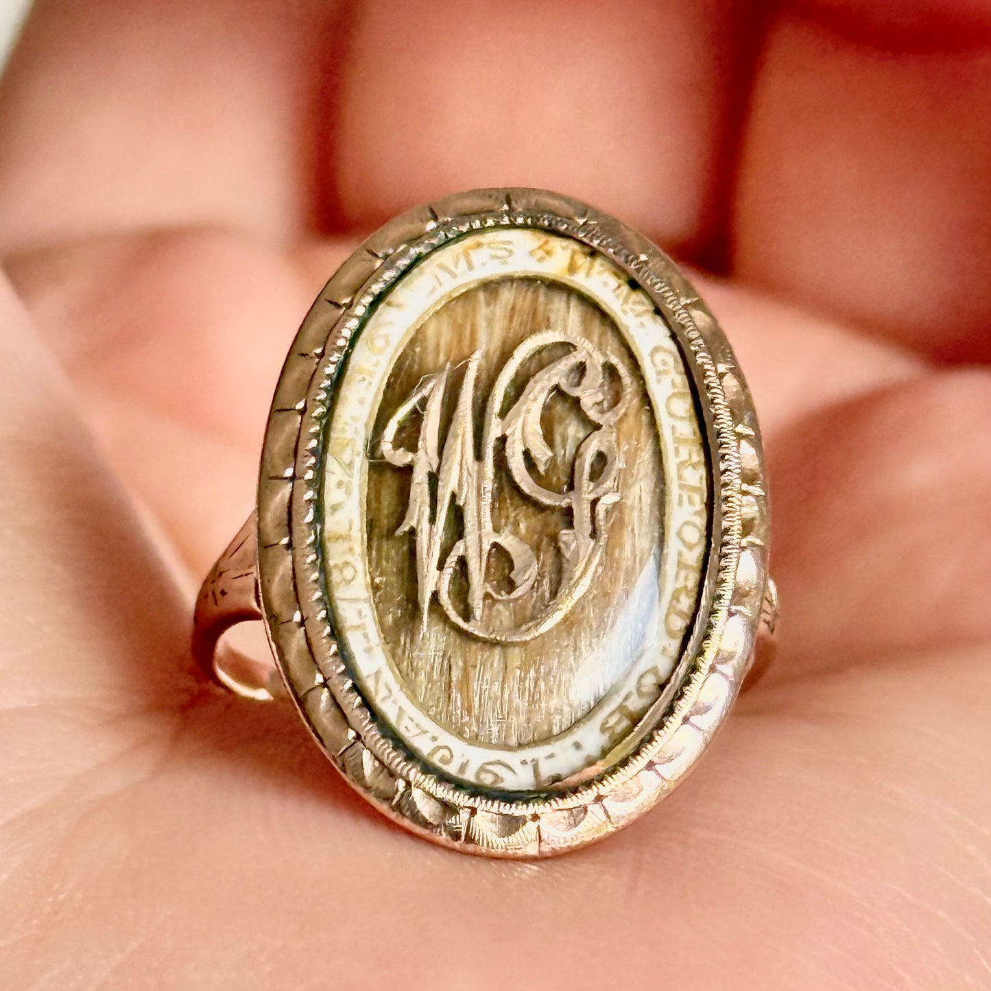 Georgian Enamel Mourning Ring in 9 Carat Gold; Circa 1781