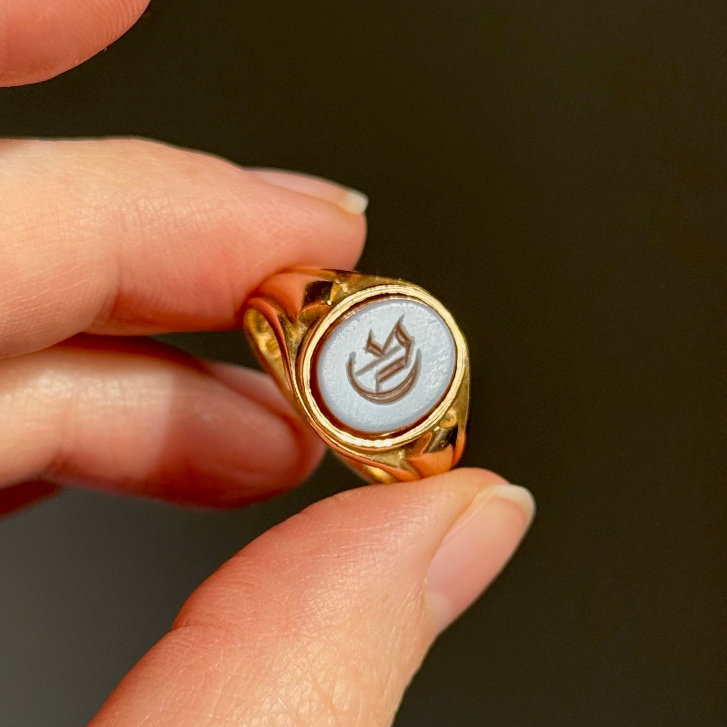 Antique Victorian Sardonyx Monogram 'G'Signet Ring in 15 Carat Gold; Circa 1883