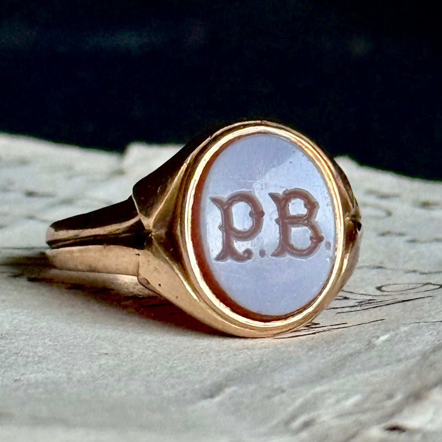 Antique Sardonyx 'P.B' intaglio Ring in 9 Carat Gold