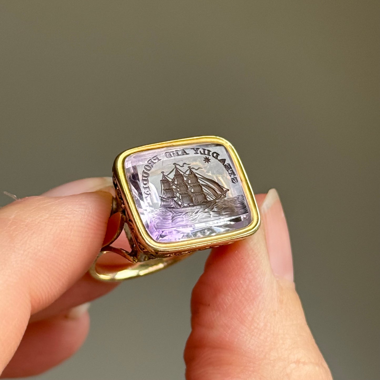Georgian Amethyst Intaglio ‘Steadily and Proudly’ Conversion Ring,  Circa 18th Century