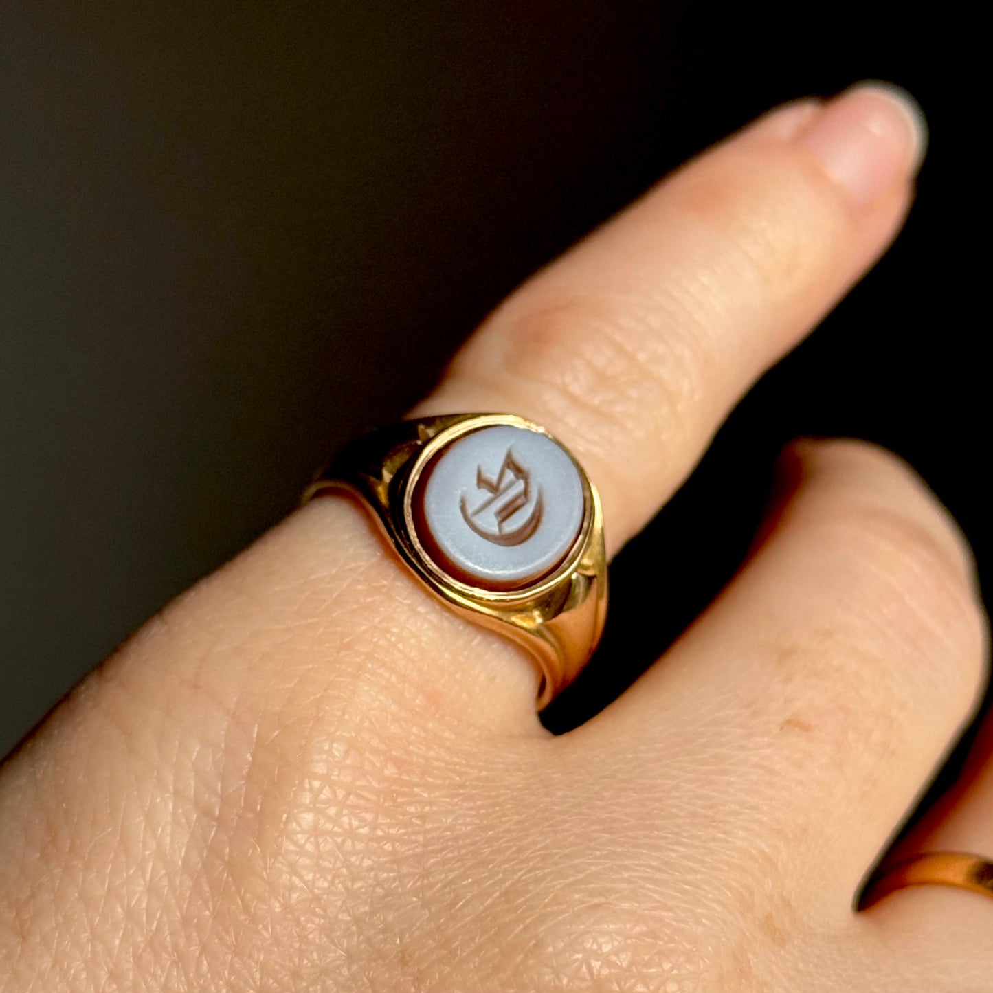 Antique Victorian Sardonyx Monogram 'G'Signet Ring in 15 Carat Gold; Circa 1883
