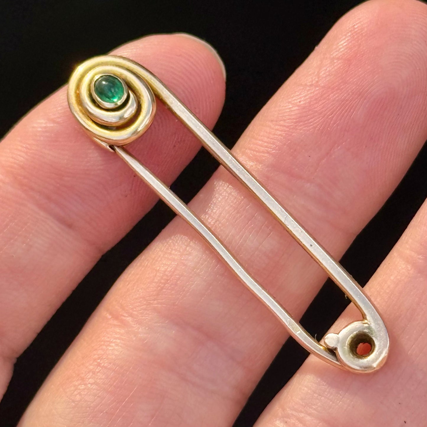 Antique Gold & Emerald Safety Pin; Circa 1900