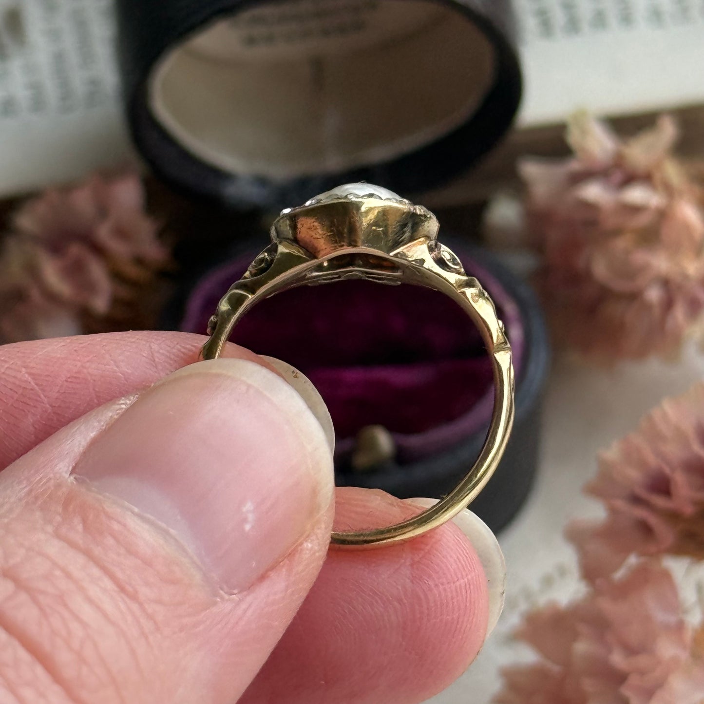 Antique Boxed Georgian Pearl & Diamond Ring in 18 Carat Gold; Circa 1800