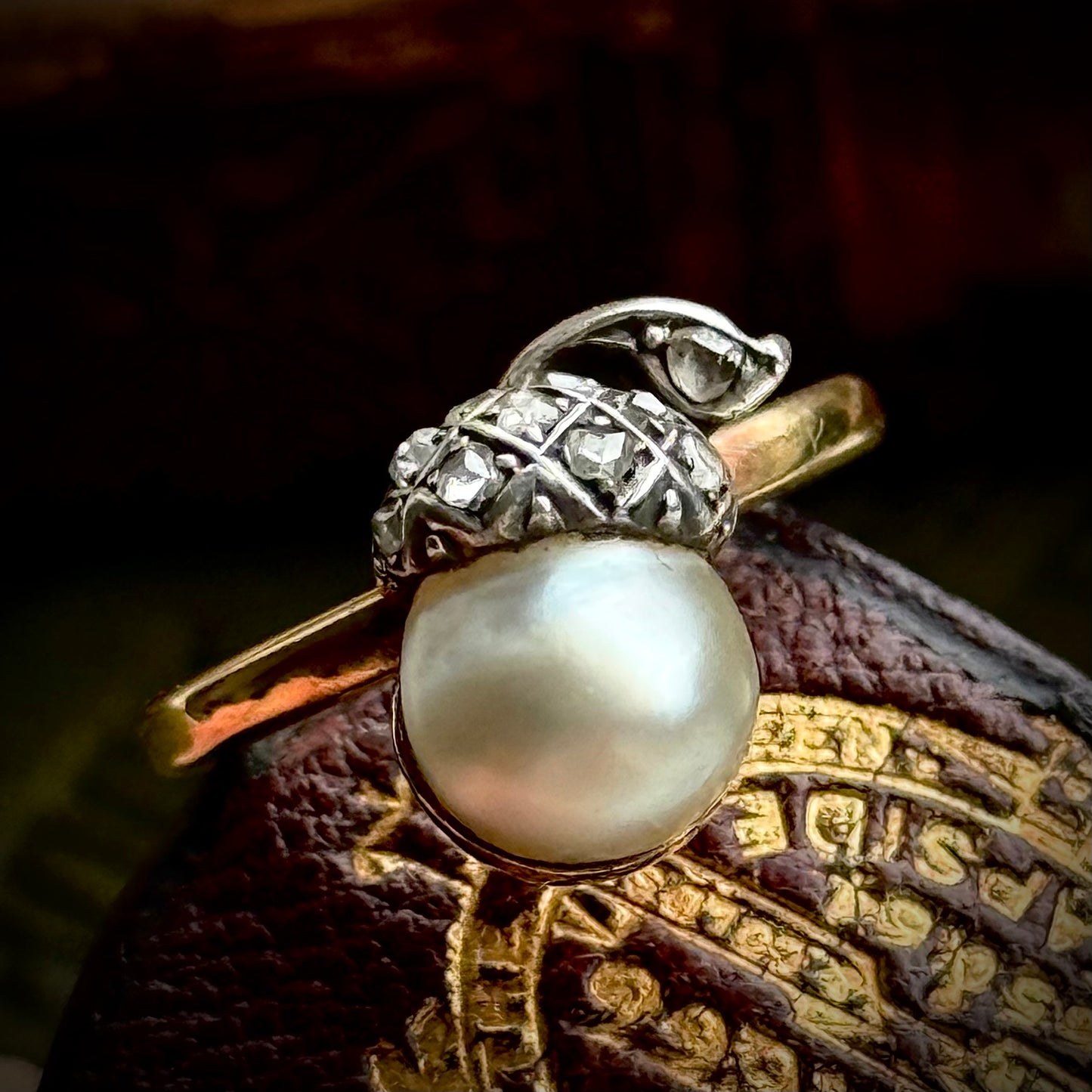 Antique Diamond & Pearl Acorn Ring in 18 Carat Gold