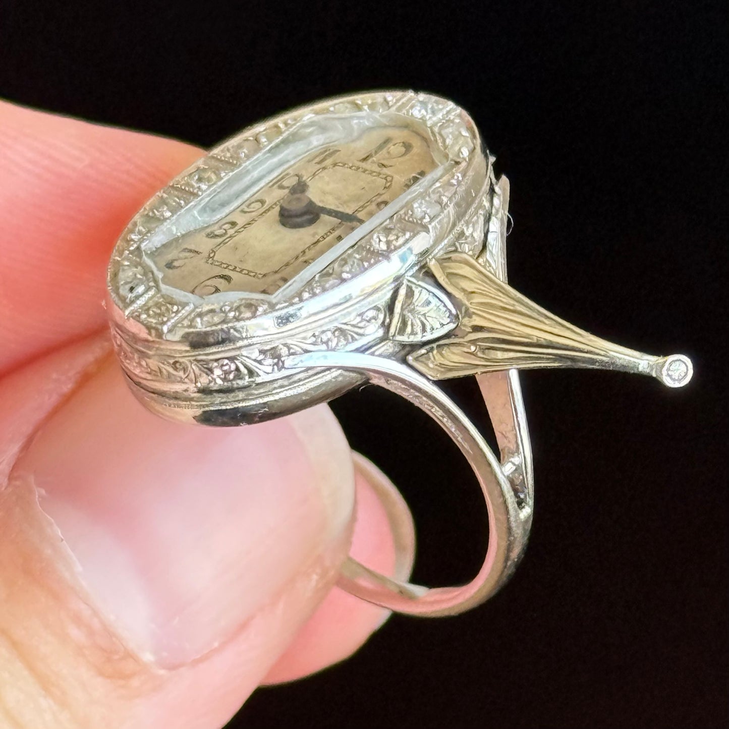 Antique Swiss Art Deco Diamond Watch Ring; Circa 1920