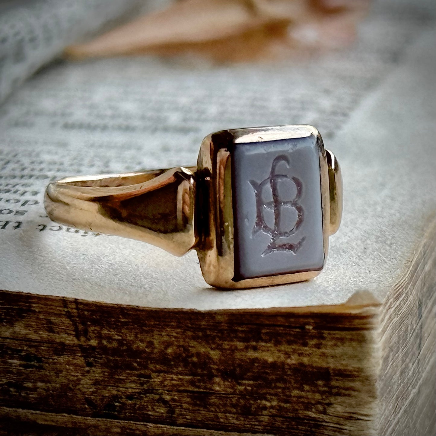 Sardonyx Monogram Signet Ring in 9 Carat Gold; Circa 1900