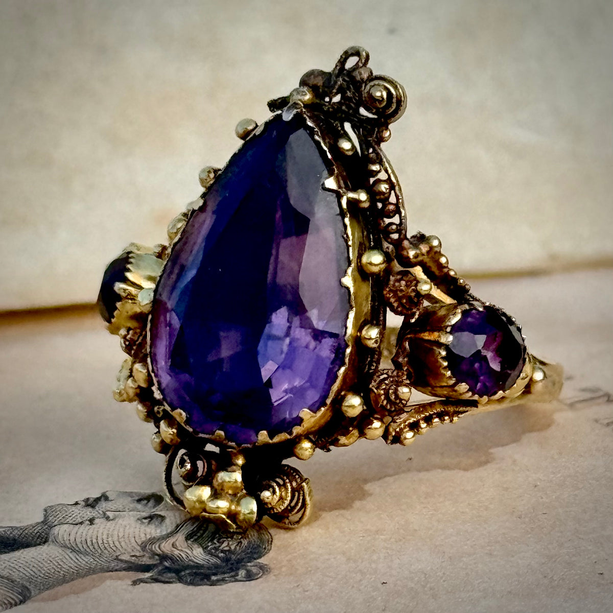 Antique Scottish Foil Back Amethyst Ring in 18 Carat Gold; Circa 1885