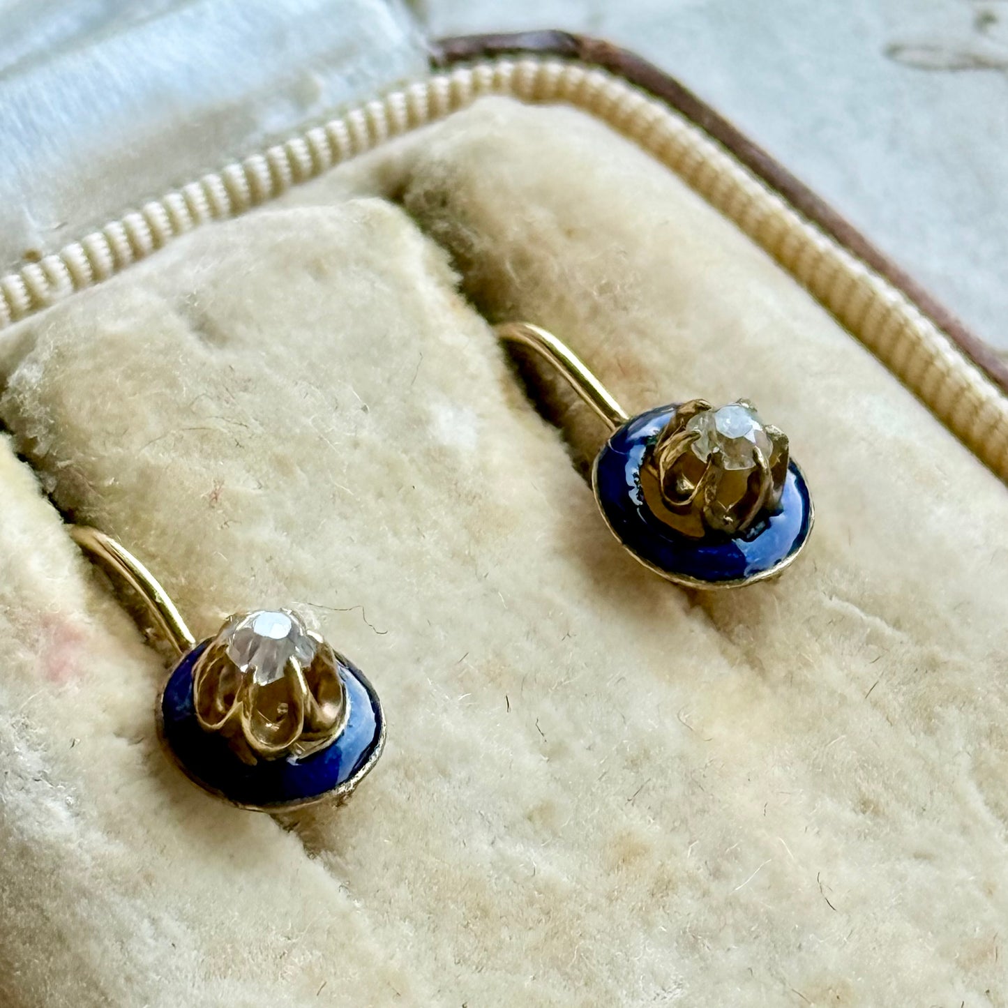 Antique Victorian Enamel and Diamond Earrings in 15 Carat Gold