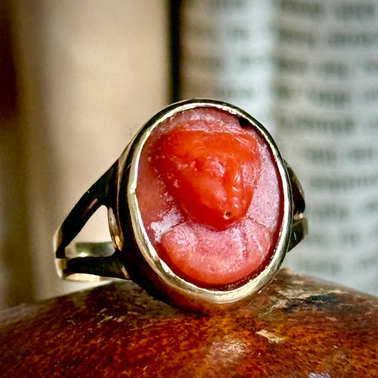 Early Victorian Coral Cameo Ring in 9 Carat Gold; Circa 1830