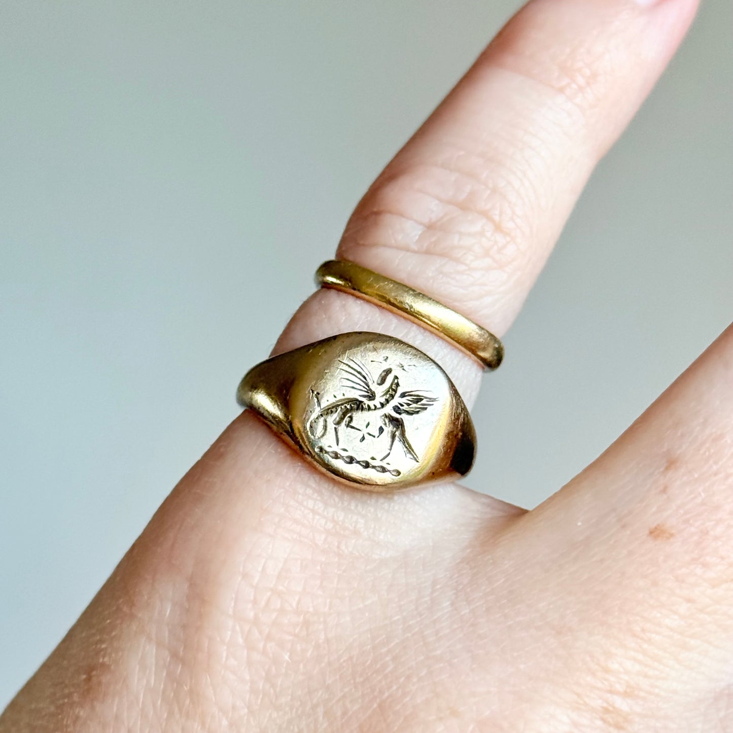 Vintage Duelling Dragons Signet Ring in 9 Carat Gold; Circa 1980