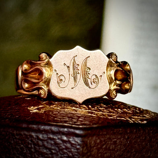 Antique Edwardian Initial 'M' Signet Ring in 9 Carat Gold; Circa 1910