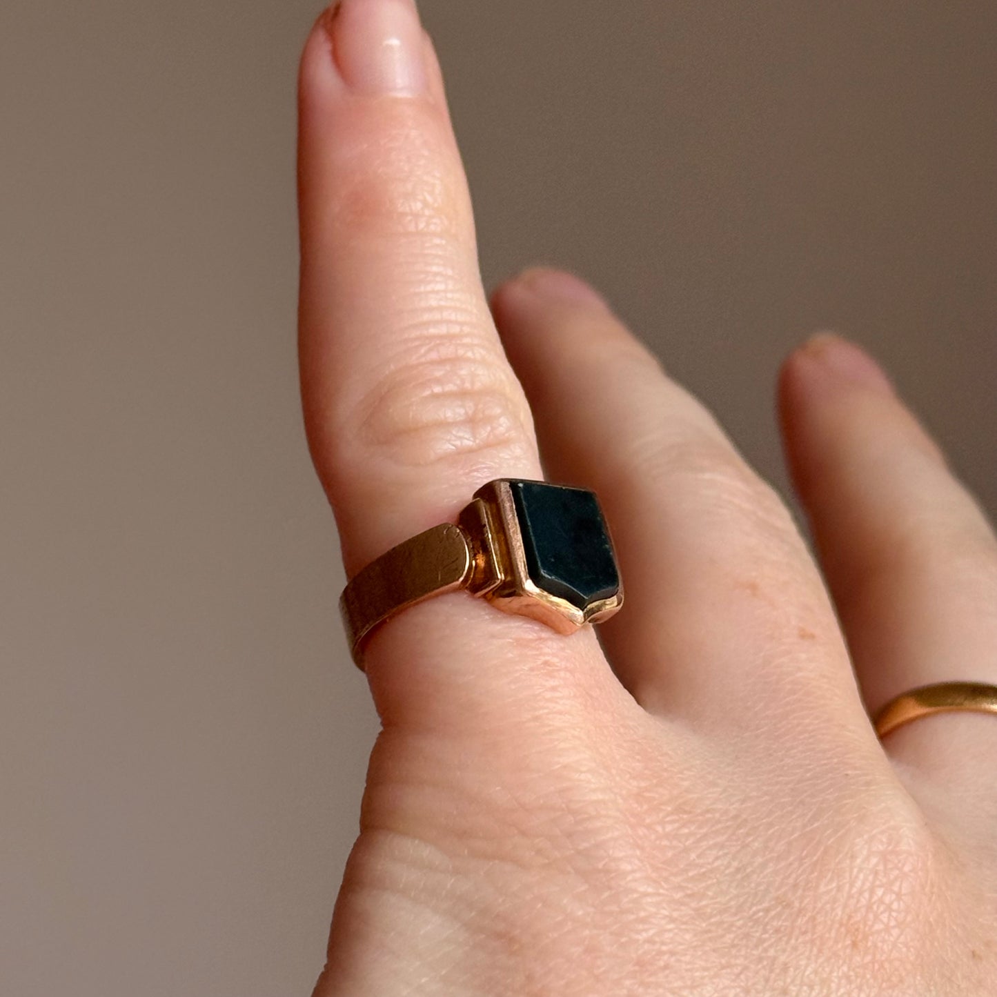 Antique Victorian Bloodstone Signet Ring in 9 Carat Rose Gold; Circa 1899