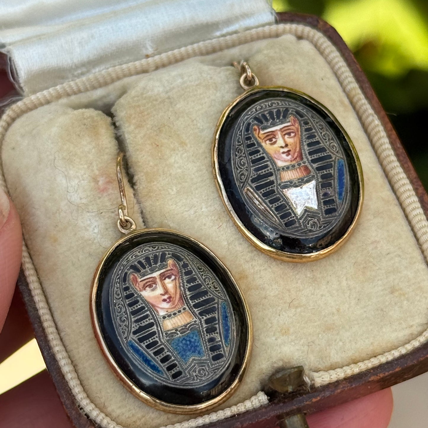 Antique Egyptian Revival Enamel Pharaoh Earrings in 14 Carat Gold