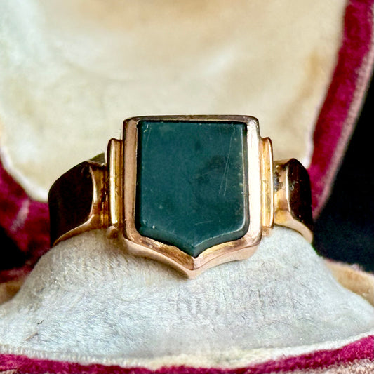 Antique Victorian Bloodstone Signet Ring in 9 Carat Rose Gold; Circa 1899