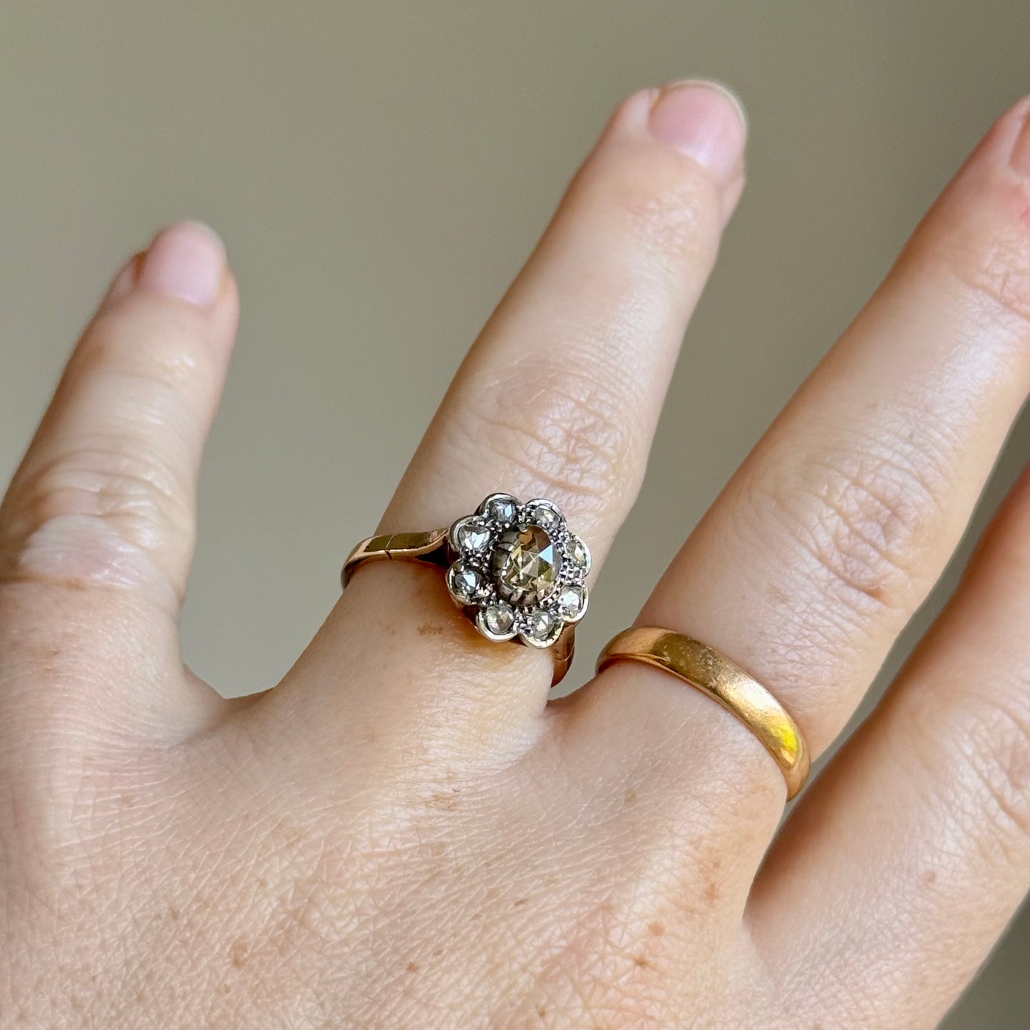 Antique Rose Cut Cluster Ring in 14 Carat Gold; Circa 1880