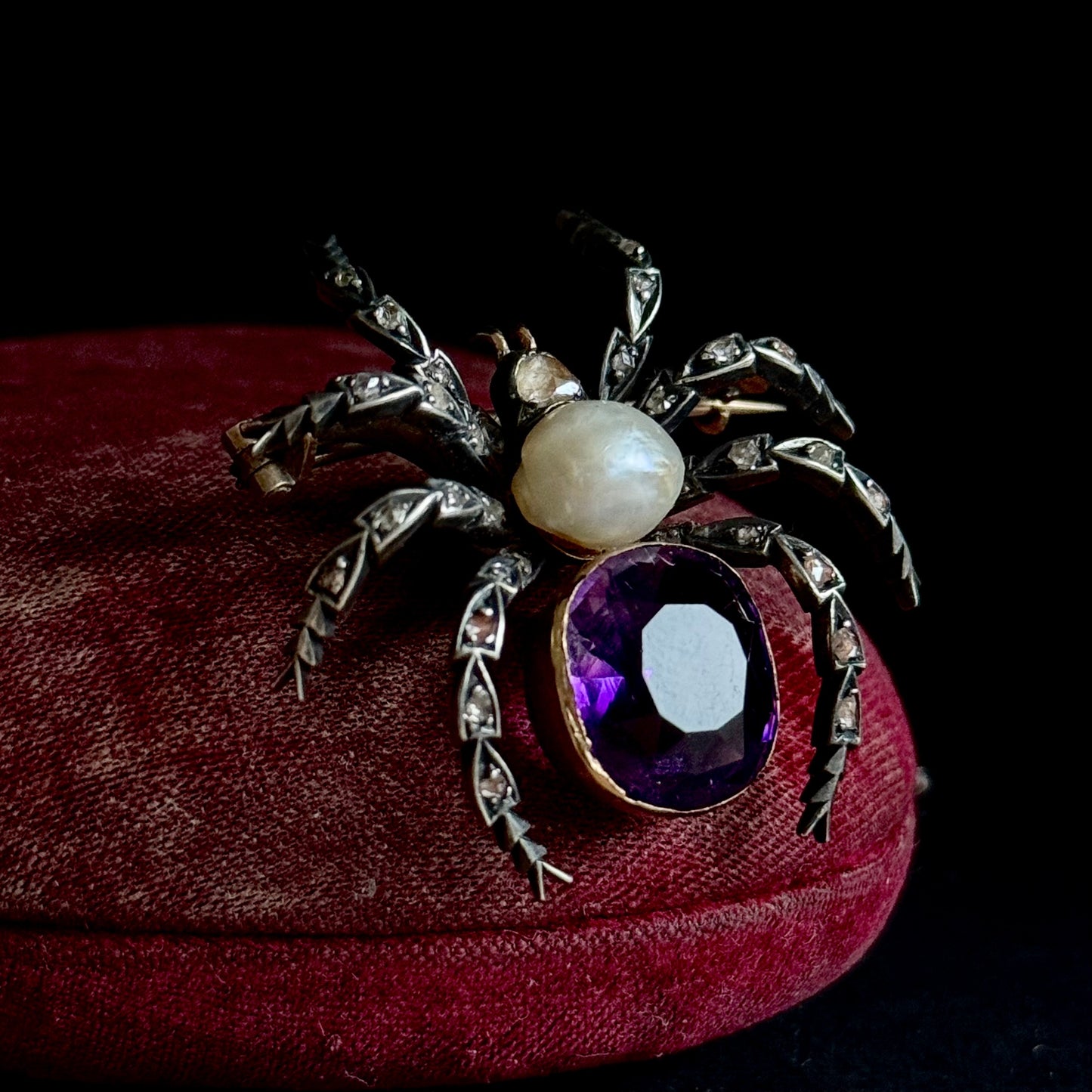 Victorian Diamond, Amethyst & Pearl Spider Brooch; Circa 1890