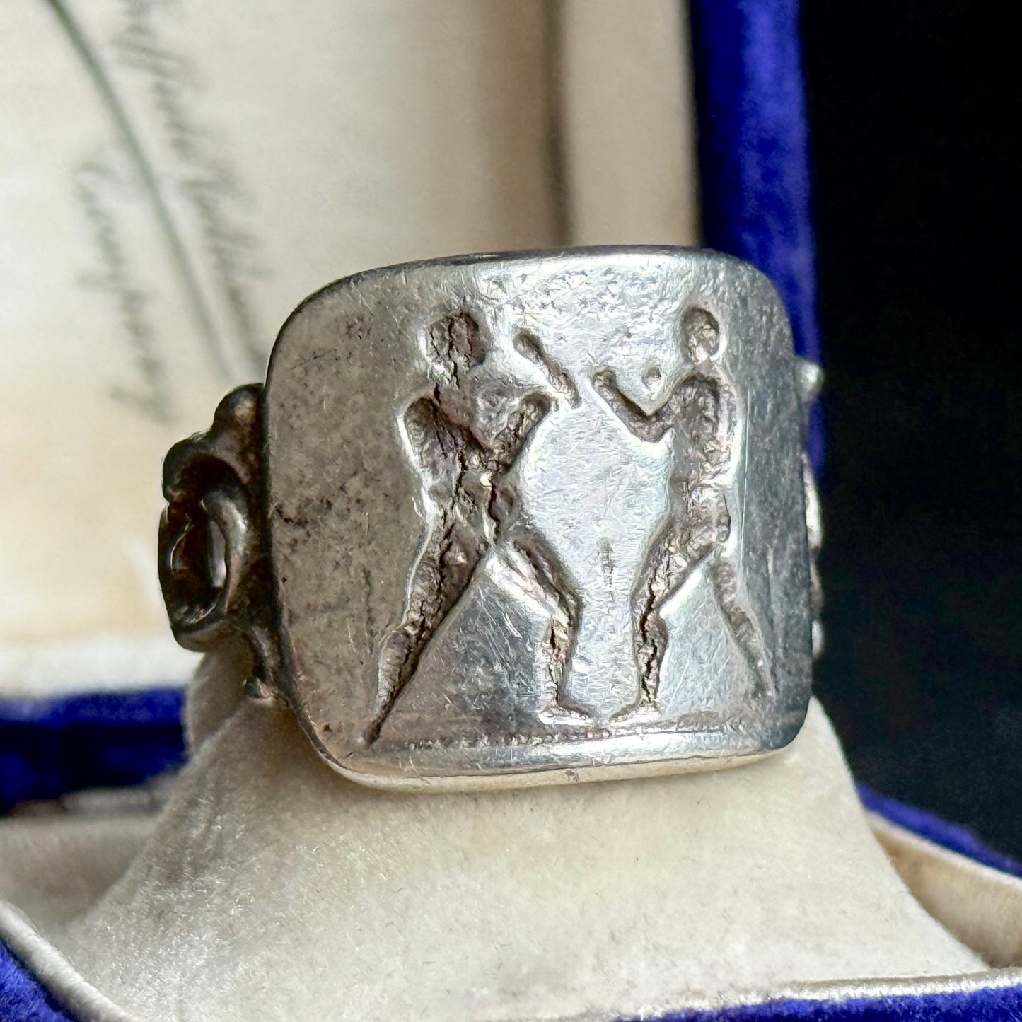 Vintage Roman Boxers Signet Ring in Silver