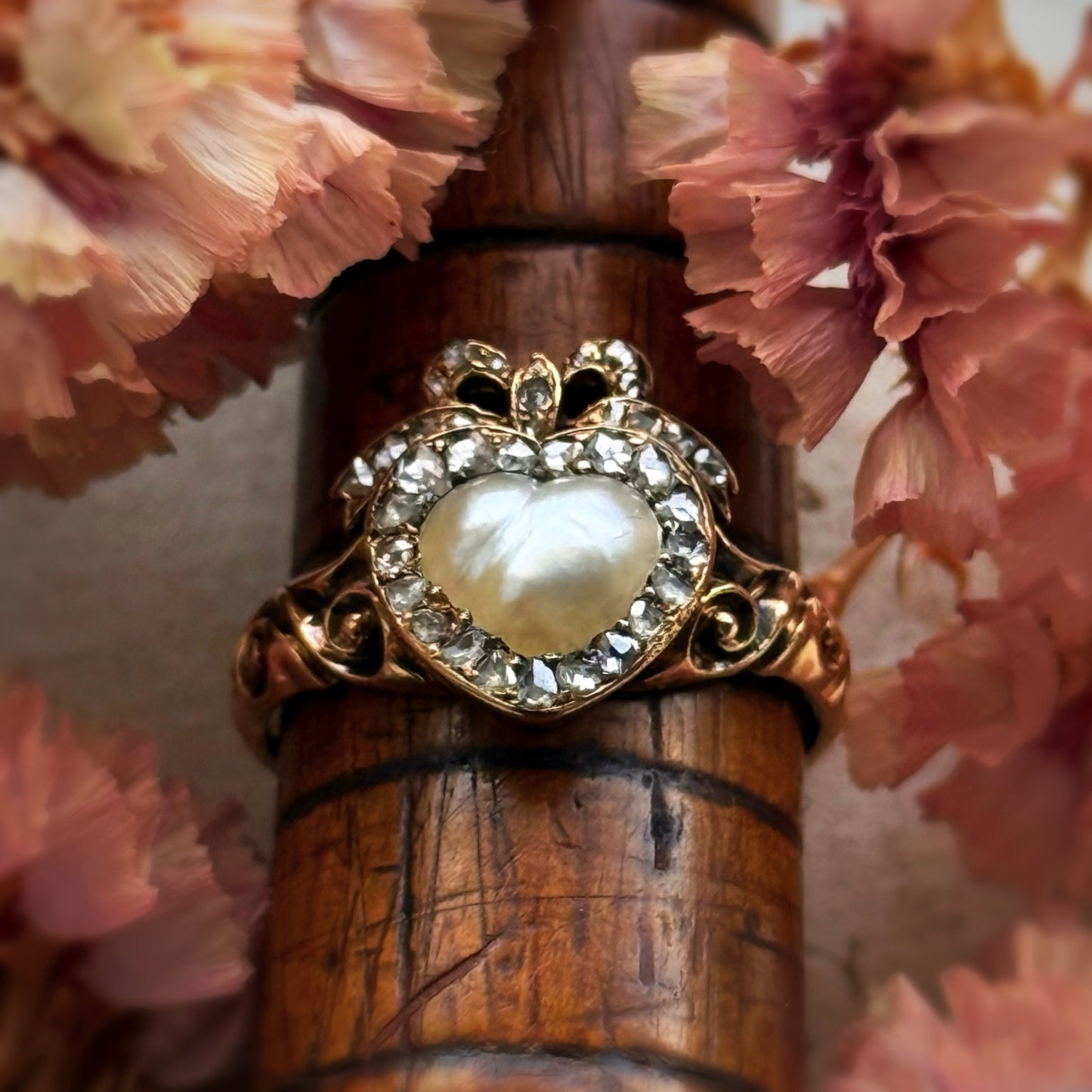 Antique Boxed Georgian Pearl & Diamond Ring in 18 Carat Gold; Circa 1800