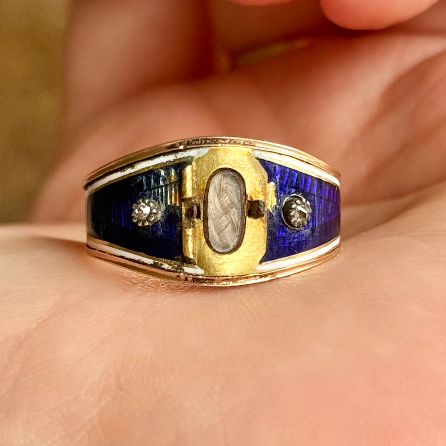 Antique Diamond & Enamel Locket Ring in 15 Carat Gold; Circa 1837