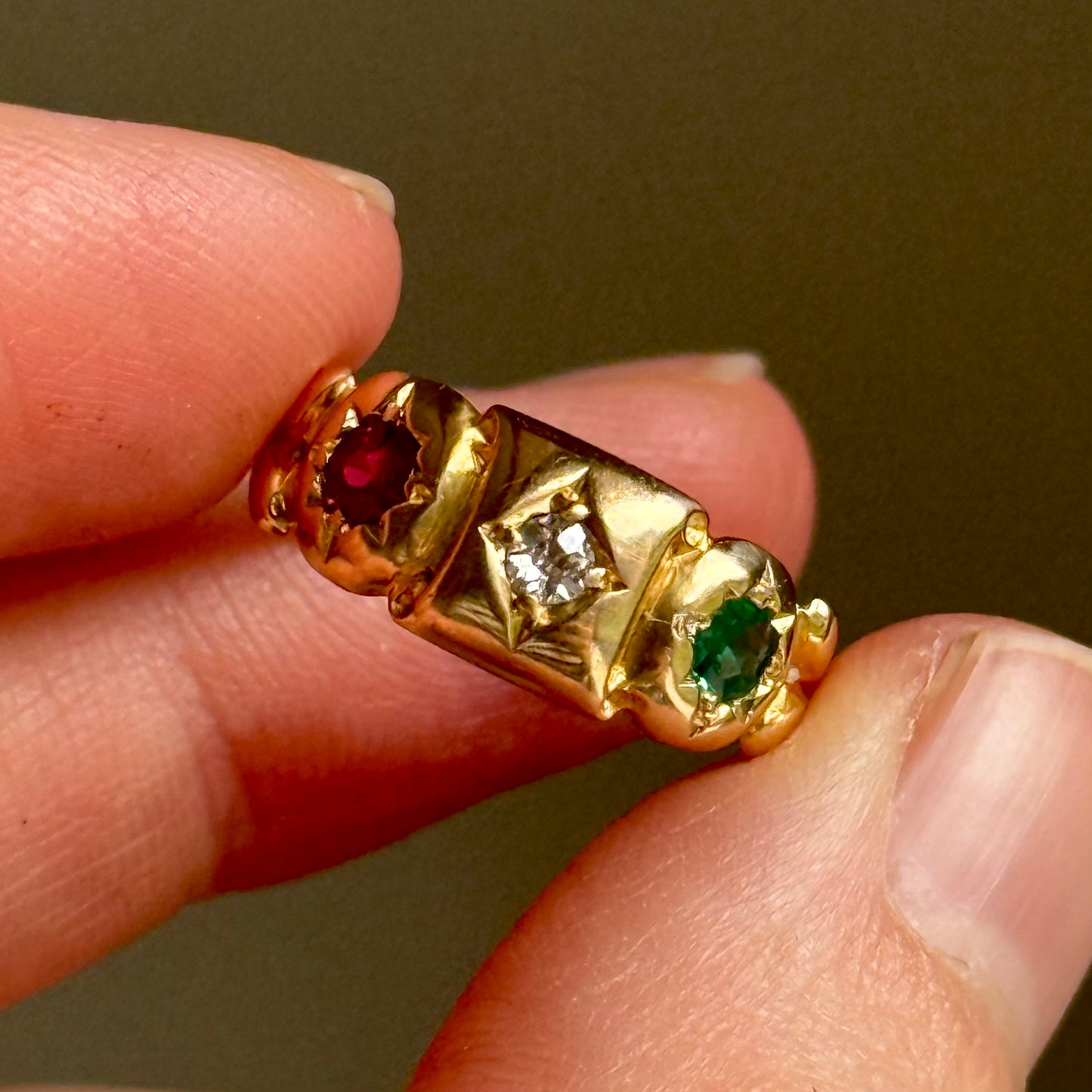 Antique Edwardian Diamond, Ruby & Emerald Ring in 18 Carat Gold
