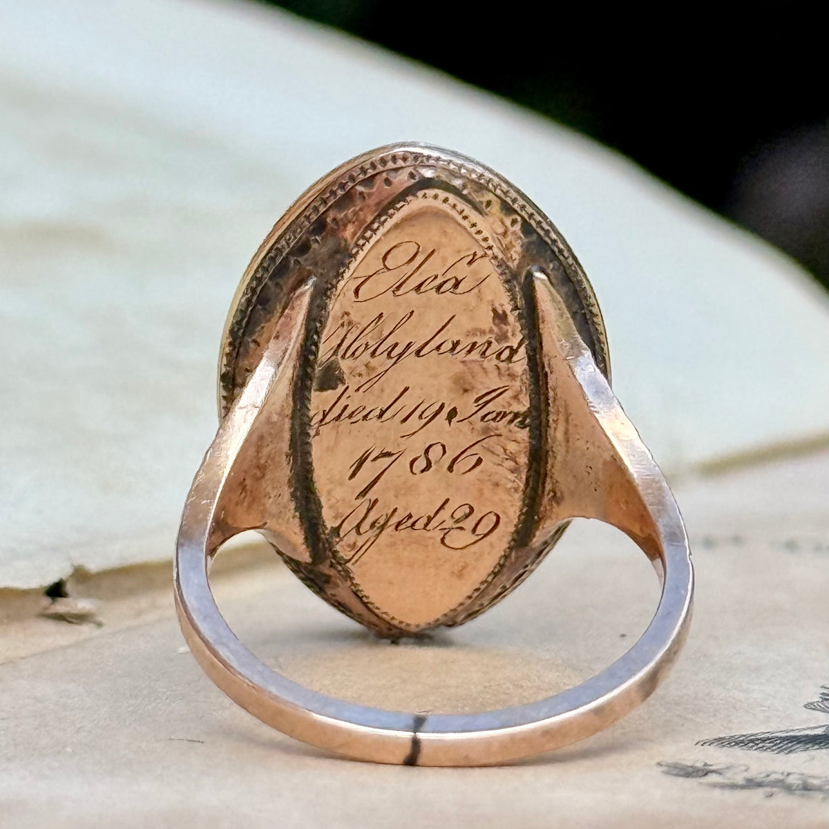 Antique Georgian Mourning Ring in 9 Carat Gold; Circa 1786