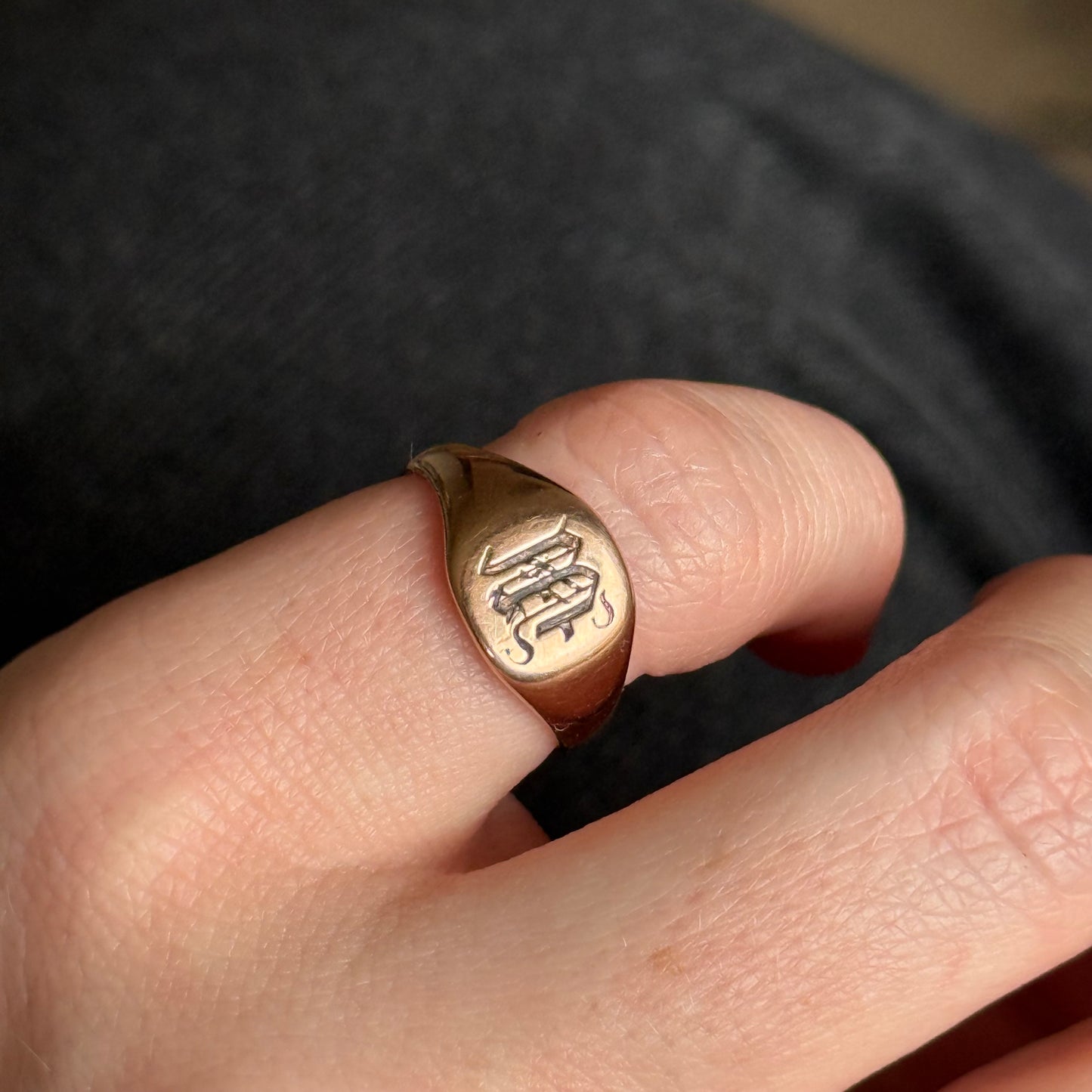 Antique Monogram 'M' Signet Ring in 9 Carat Rose Gold; Circa 1919