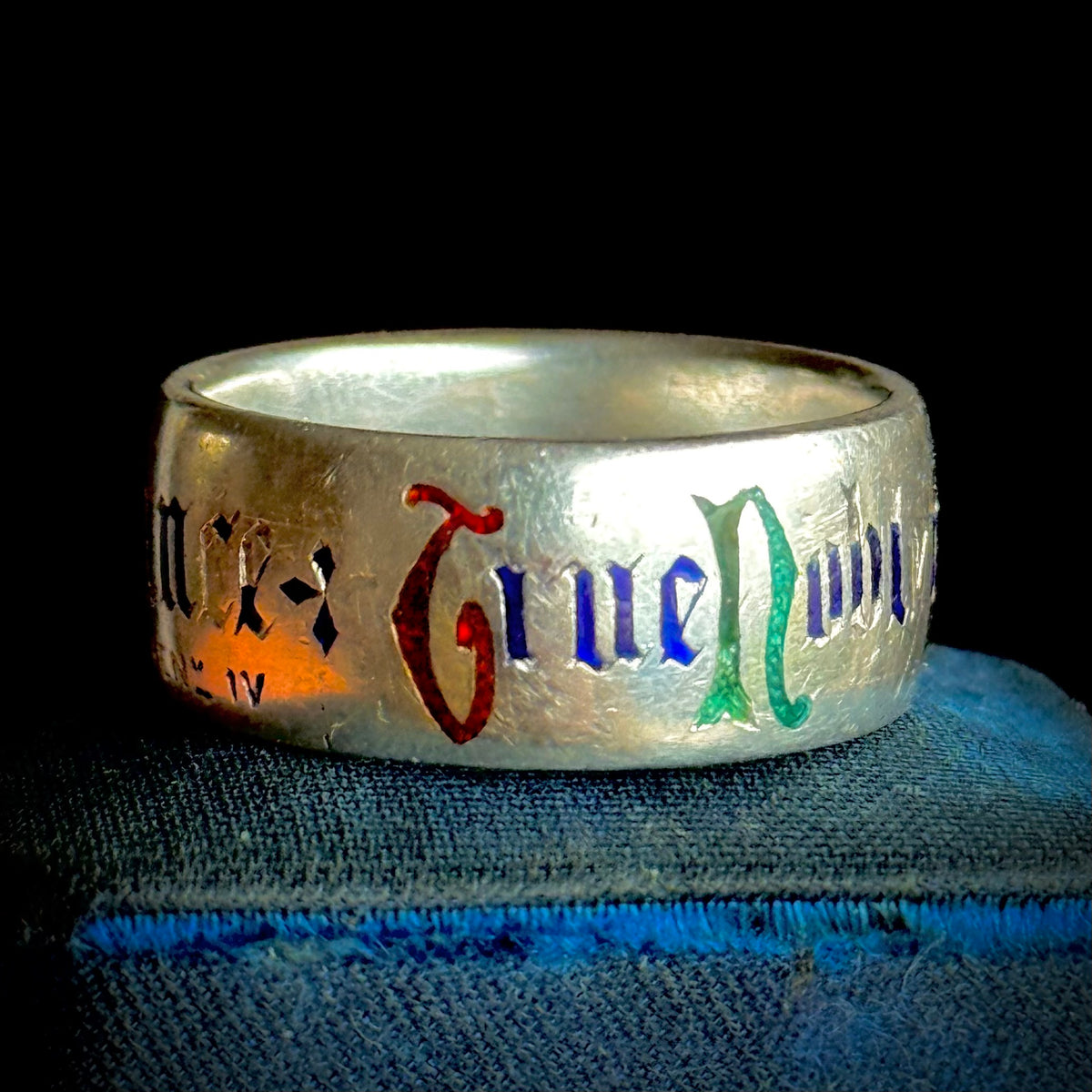 Victorian Enamel Quote Ring in Sterling Silver; Circa 1876